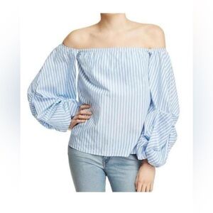 Petersyn off shoulder blue and white stripped puffed sleeve top